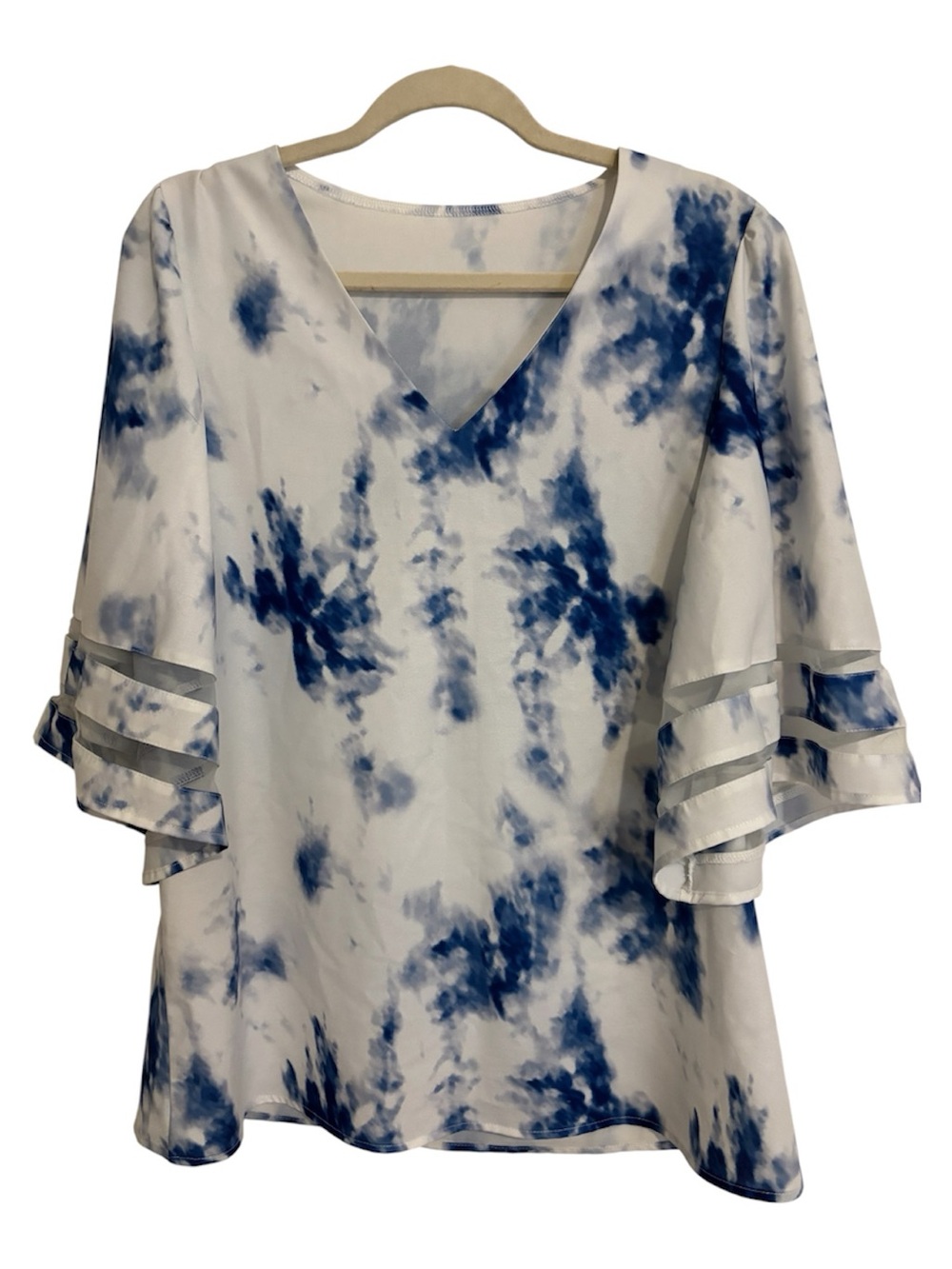 Medium Women’s Blue and White V-Neck Ruffle Sleeve Top